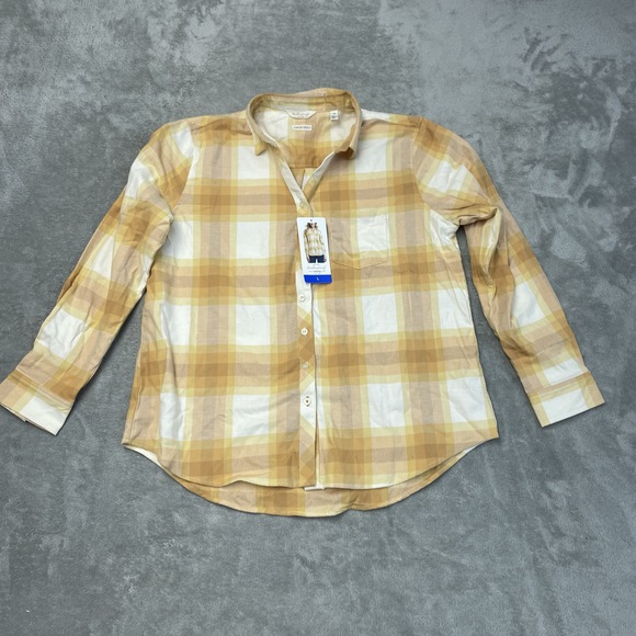 Weatherproof Women's L Plaid Blouse Yellow Cotton Blend e0388 - Picture 4 of 9